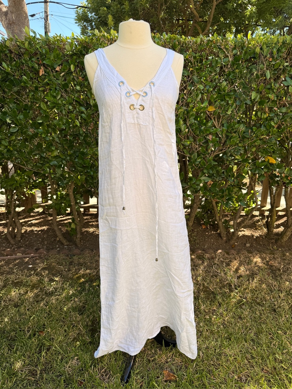 Laura Gotti White Linen Maxi Dress L, Made in Italy Beach Resort Coastal